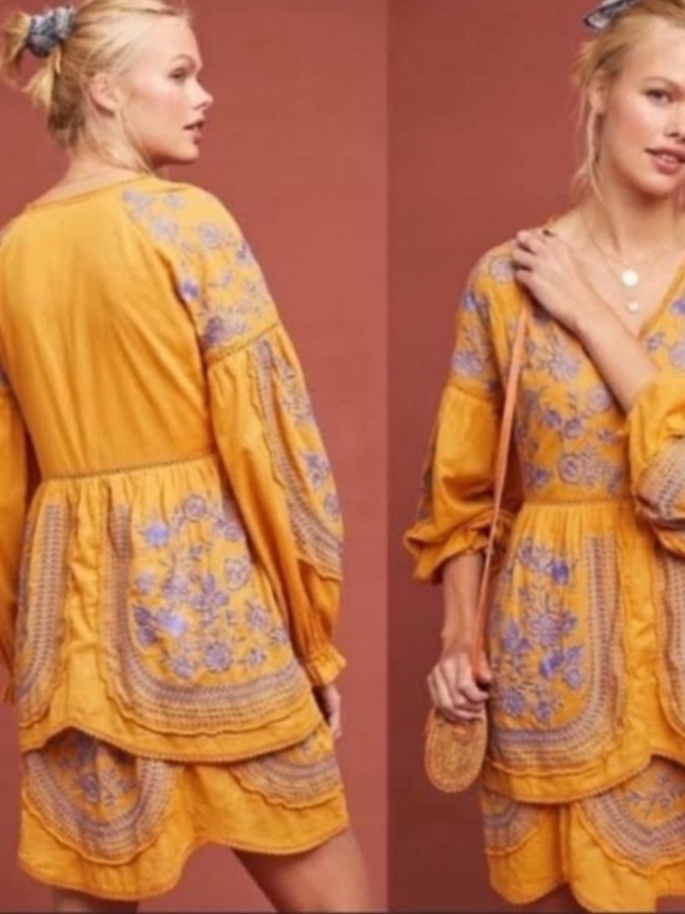 Anthropologie Meadow Rue Embroidered boho ruffled mini dress